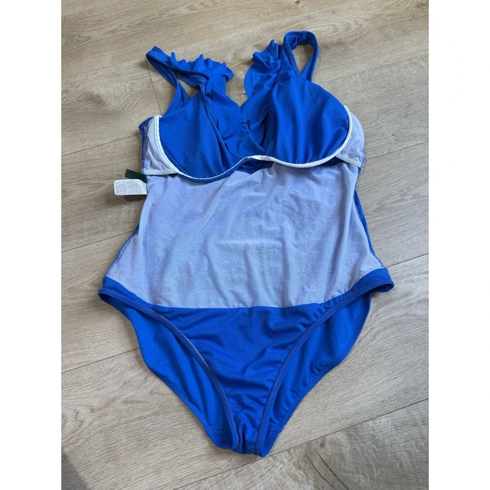 EUC Lauren Ralph Lauren‎ Ruffle Underwire Blue One Piece Tummy Ruched  Size 16
